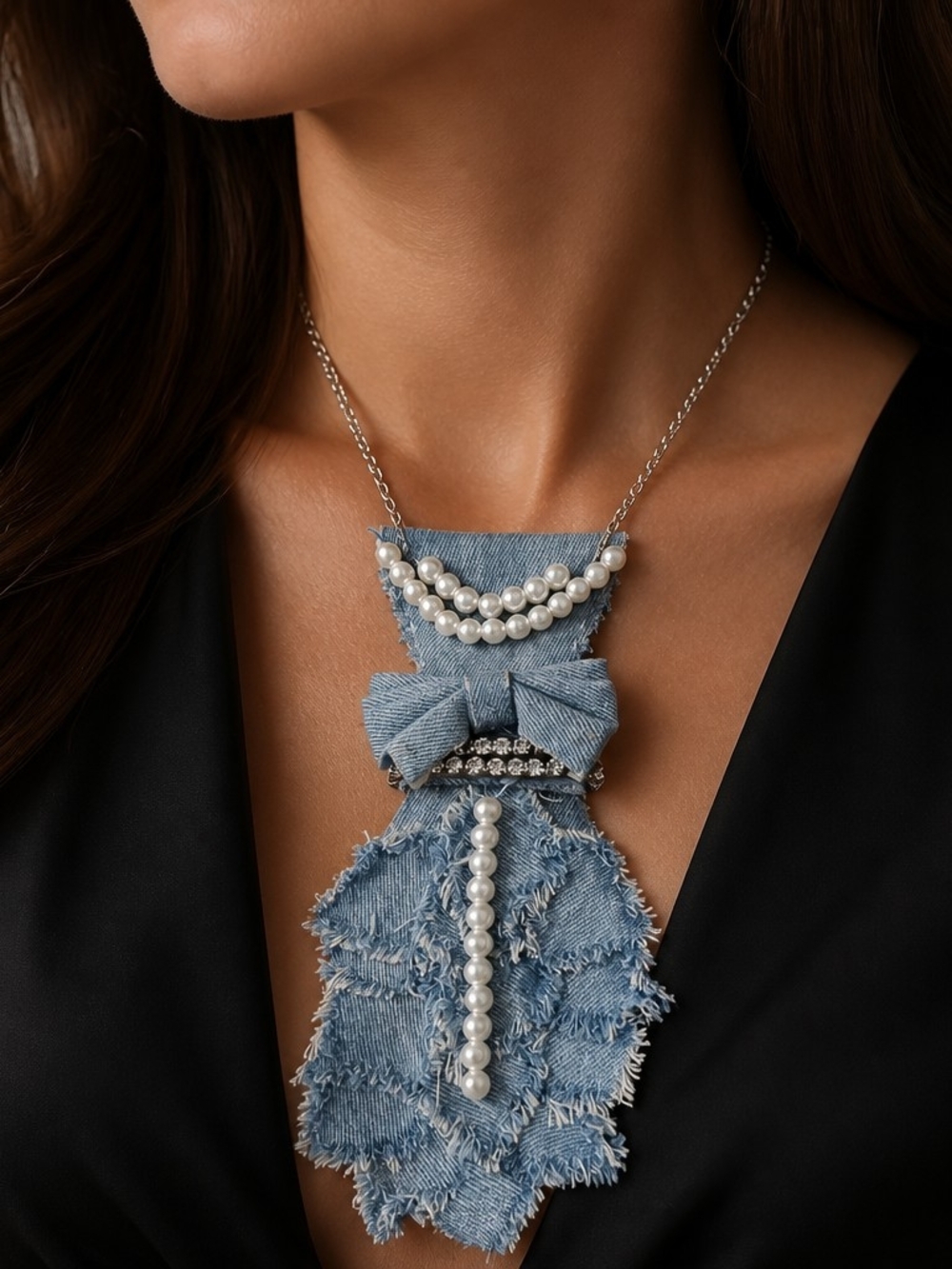 Handmade Denim Pearl Bow Statement Necklace - Blue